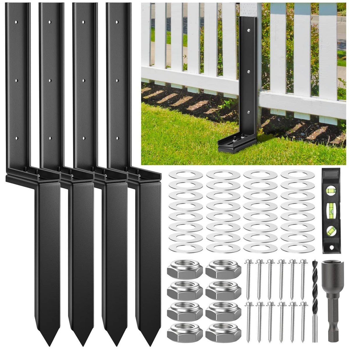 Black steel fence post repair stakes set with pointed anchors and mounting plates