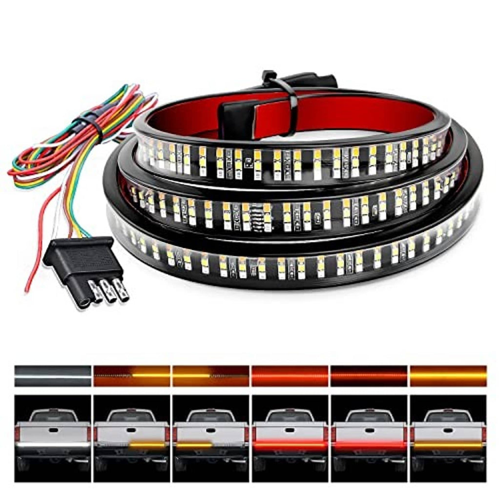 48-inch triple-row LED tailgate light strip with round housing and plug-in wiring connector