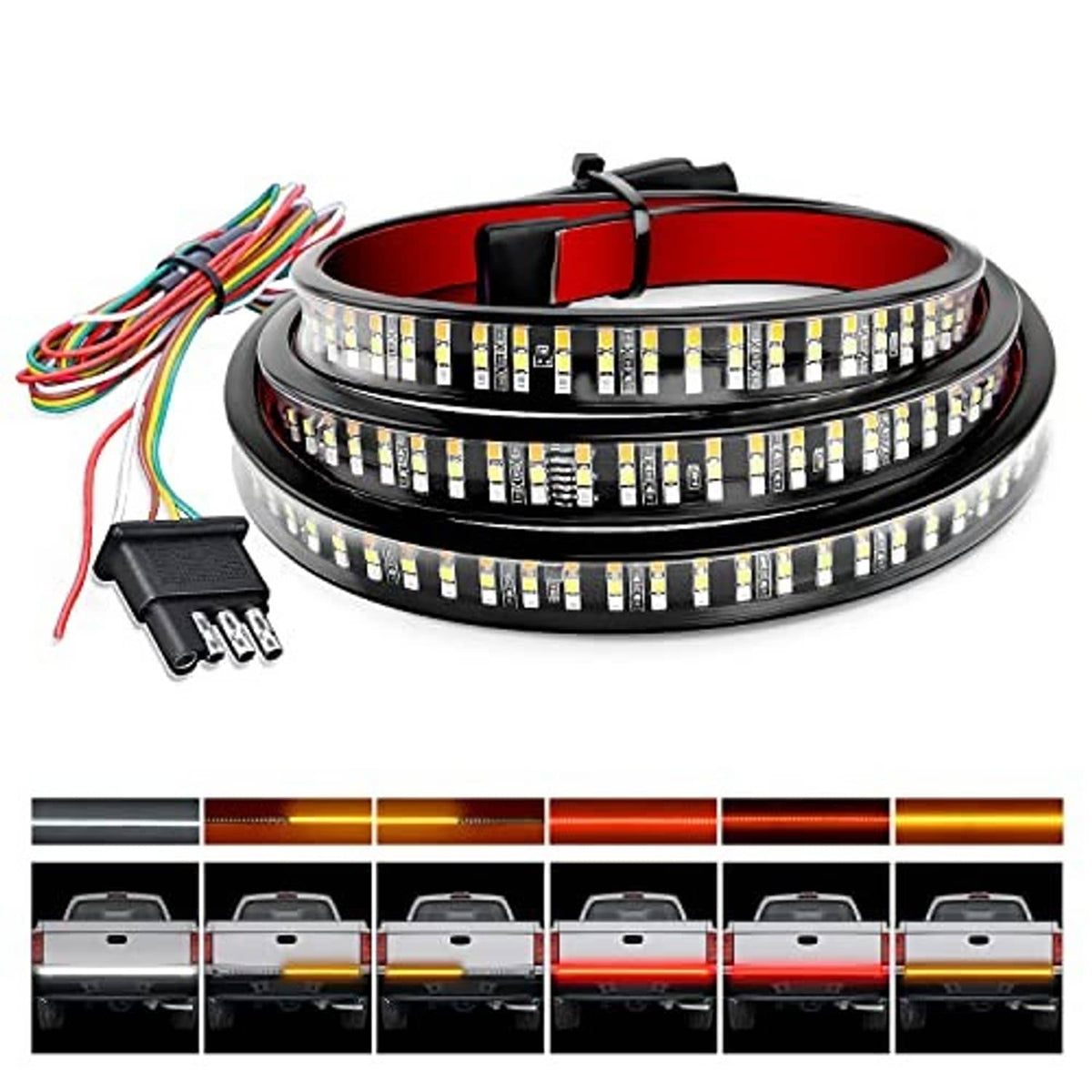 48-inch triple-row LED tailgate light strip with round housing and plug-in wiring connector