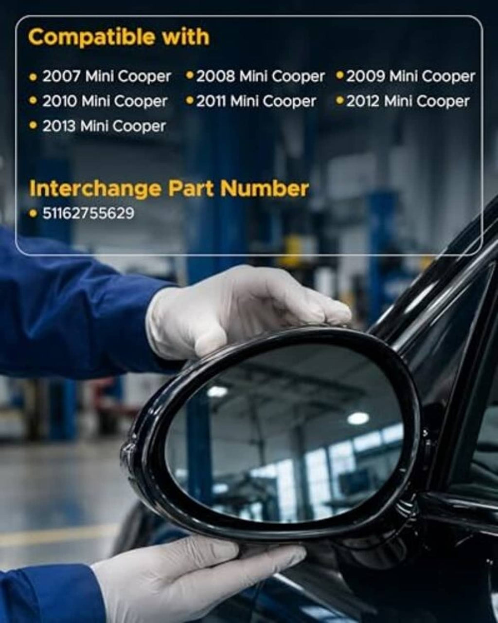 Left side mirror glass held by gloved hands, oval reflective lens
