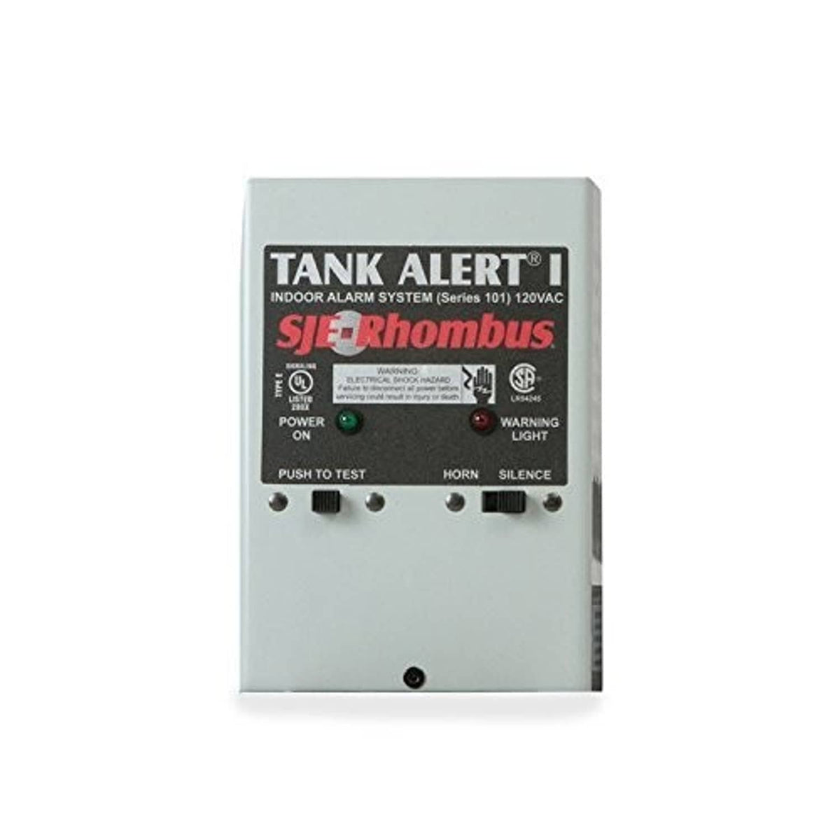 Indoor tank alert alarm control box with buttons and indicator lights, gray panel