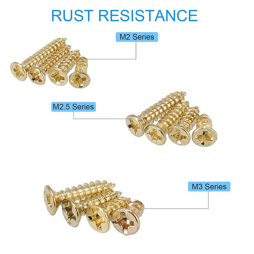 Gold plated self tapping screws showing multiple sizes labeled M2, M2.5, and M3