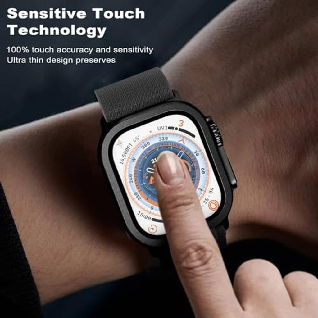 Black slim Apple Watch Ultra case with clear screen and orange side button; finger tap