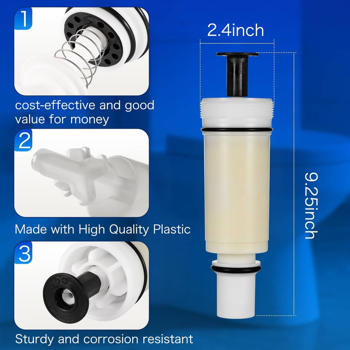 2.4-inch flush valve cartridge assembly, off-white plastic with black stem and seals