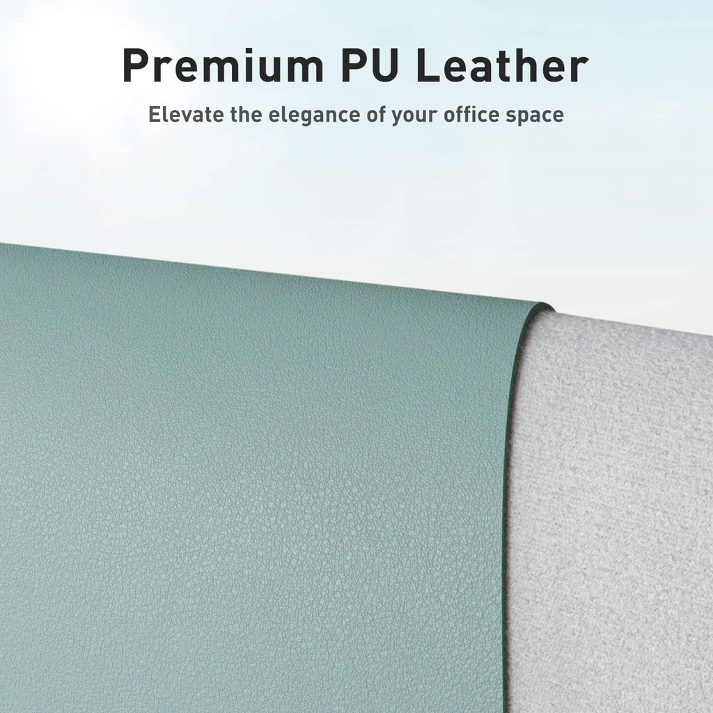 Light blue leather-look desk pad corner with textured, matte finish