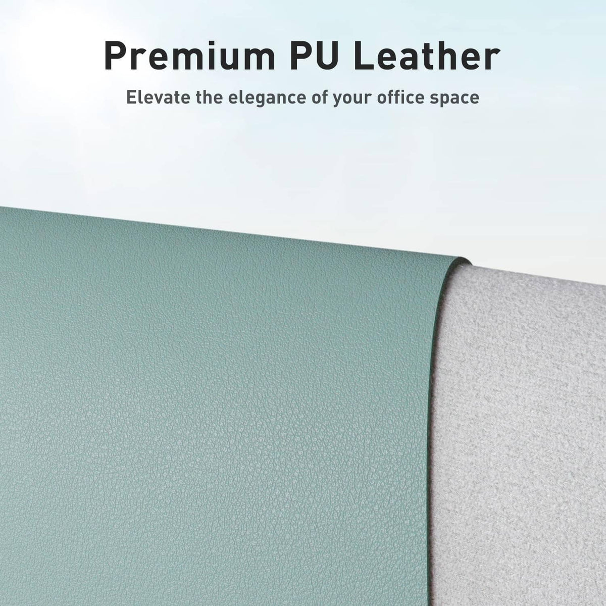 Light blue leather-look desk pad corner with textured, matte finish