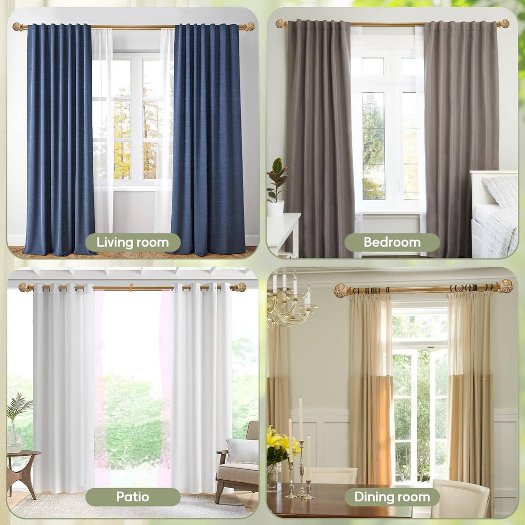 Curtain rod installed in living room, bedroom, patio, and dining room with finials