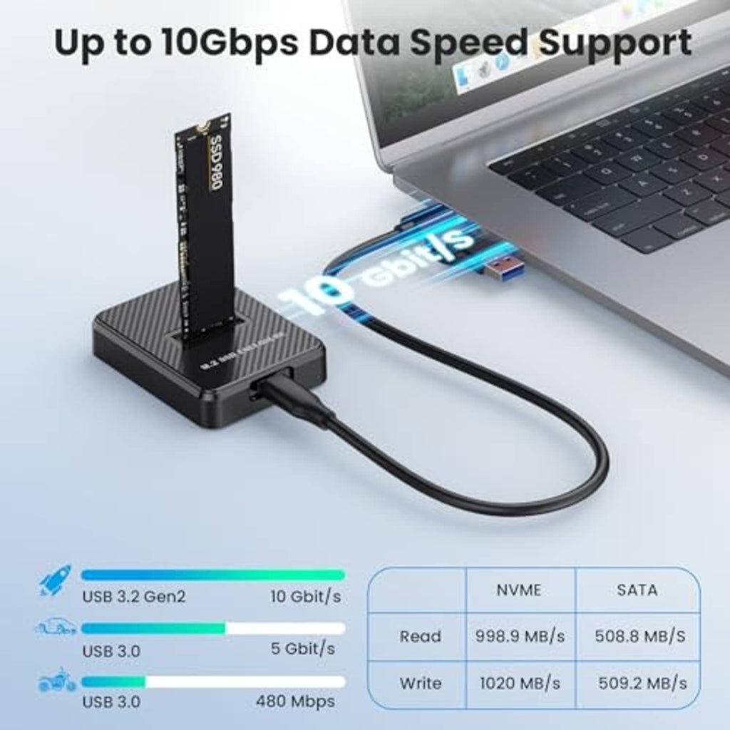 M.2 NVMe SSD enclosure connected to laptop via USB cable