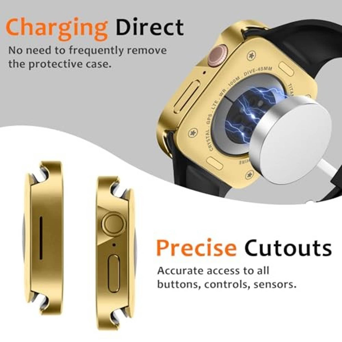 Gold metal Apple Watch 45mm case with precise openings for buttons, sensors, and charging