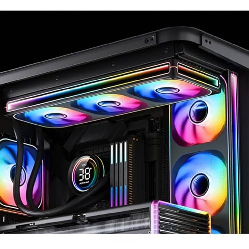 PC case fan lights mounted inside a computer case: RGB fans and control display