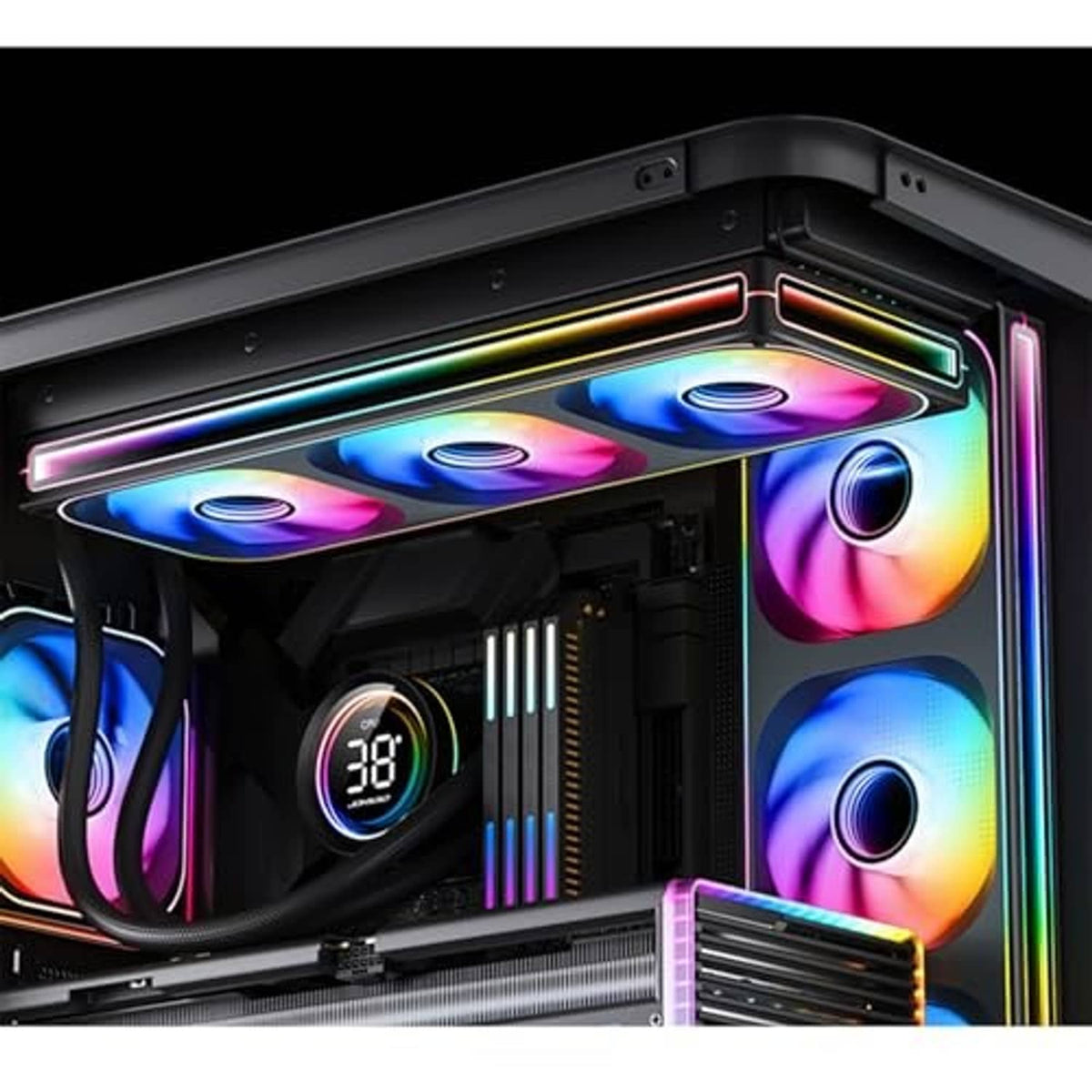 PC case fan lights mounted inside a computer case: RGB fans and control display