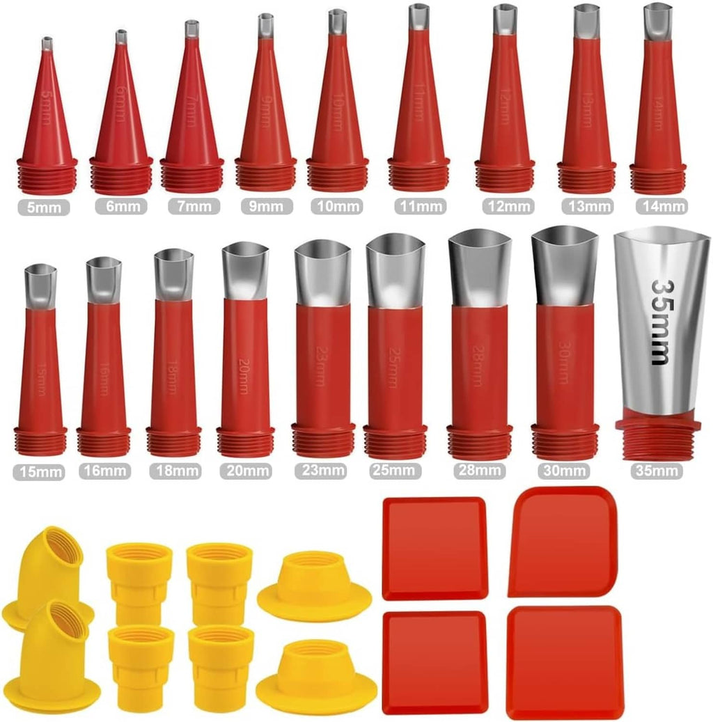 Stainless steel caulk finisher nozzle tips with red funnel ends, size range 5–35mm