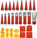 Stainless steel caulk finisher nozzle tips with red funnel ends, size range 5–35mm