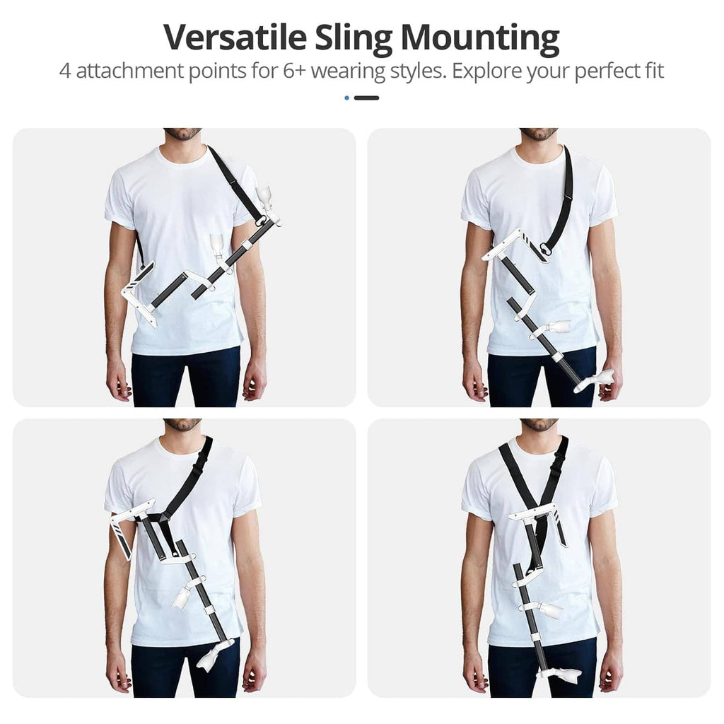 VR gunstock sling mounting shown on different wear positions with controller grips