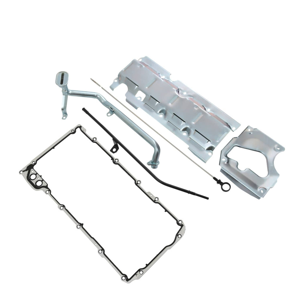 Engine oil pan kit with gaskets, oil tubes, sealing plates, and included hardware