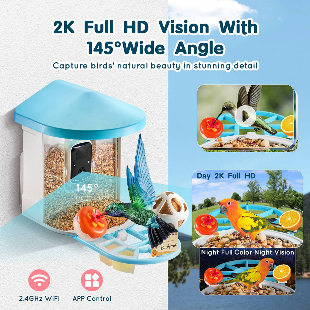 Smart bird feeder with camera, blue roof, clear viewing window, and blue feeding base.