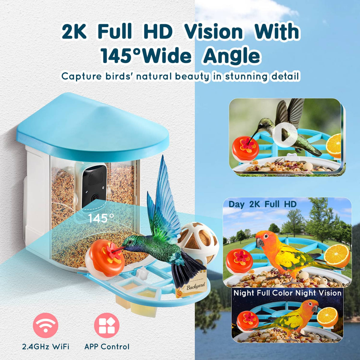 Smart bird feeder with camera, blue roof, clear viewing window, and blue feeding base.