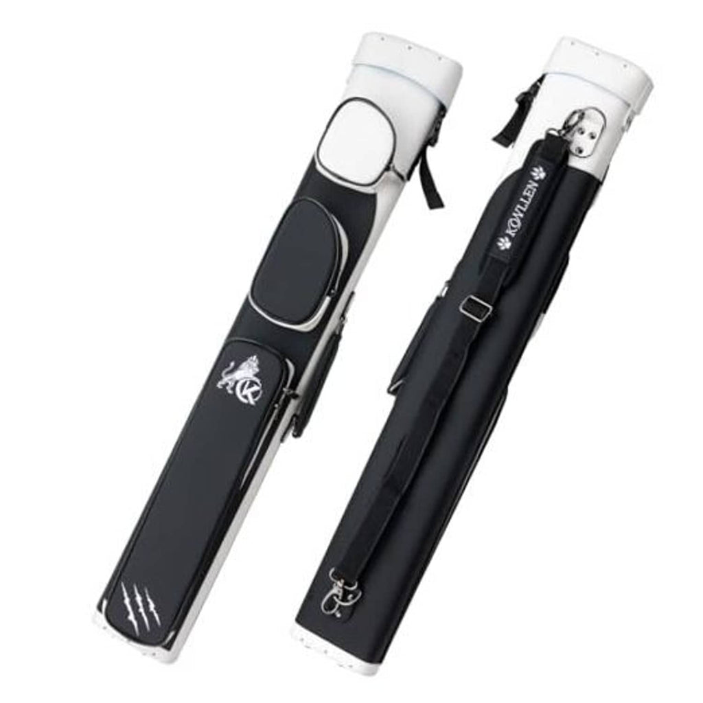 Hard pool cue case, black fabric body with white end caps and carry strap
