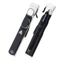 Hard pool cue case, black fabric body with white end caps and carry strap