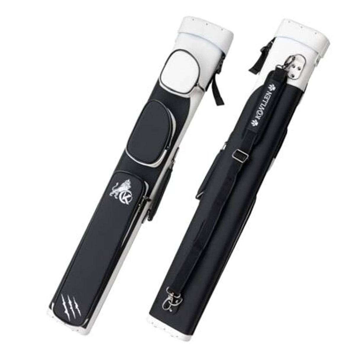 Hard pool cue case, black fabric body with white end caps and carry strap