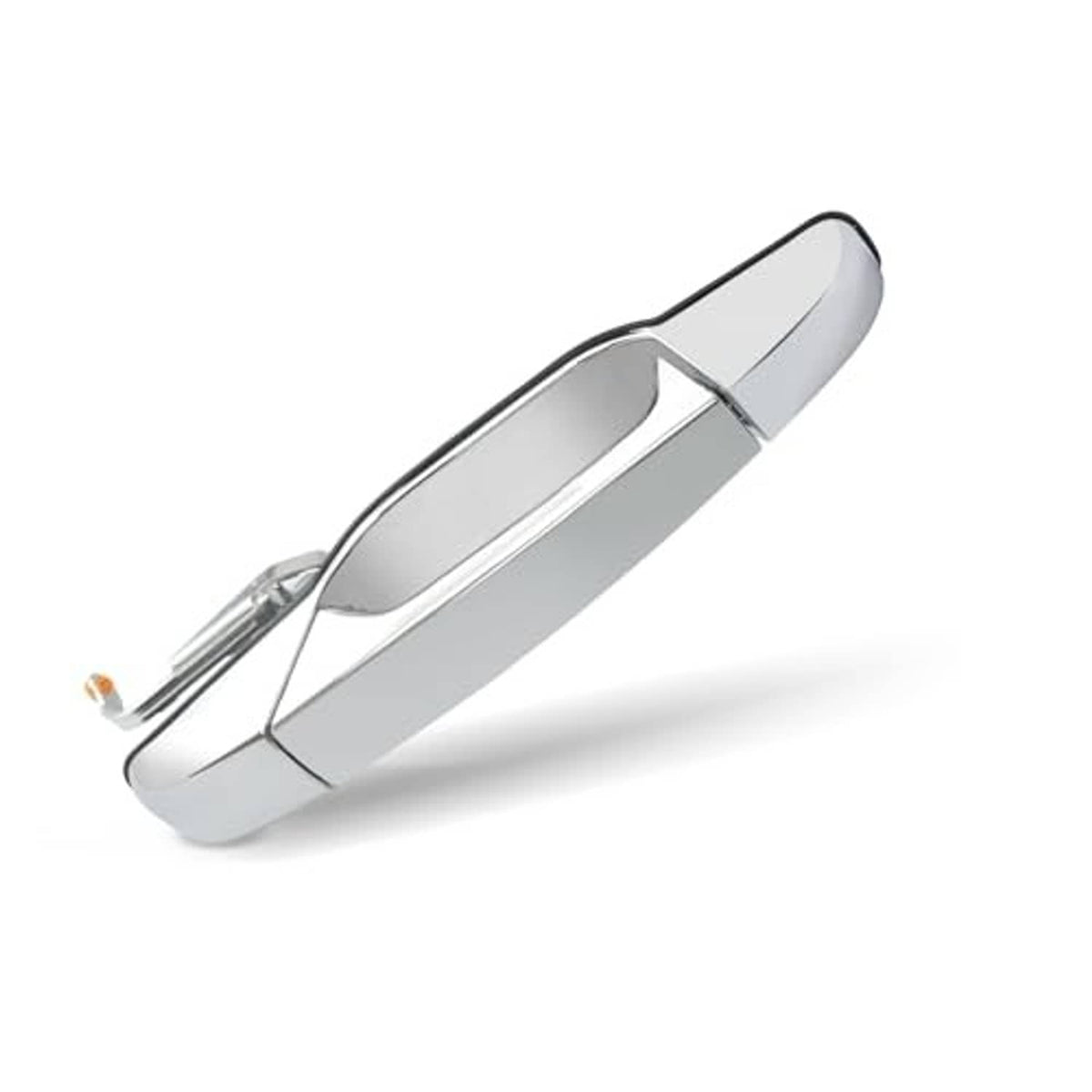 Chrome exterior door handle with smooth lever shape and side mounting tabs