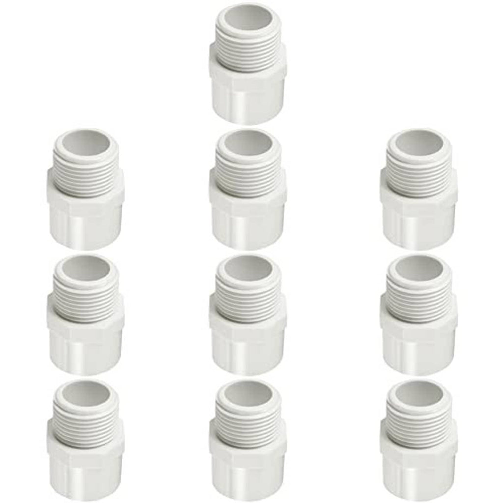 White PVC male NPT threaded adapter union couplings, multiple angles set