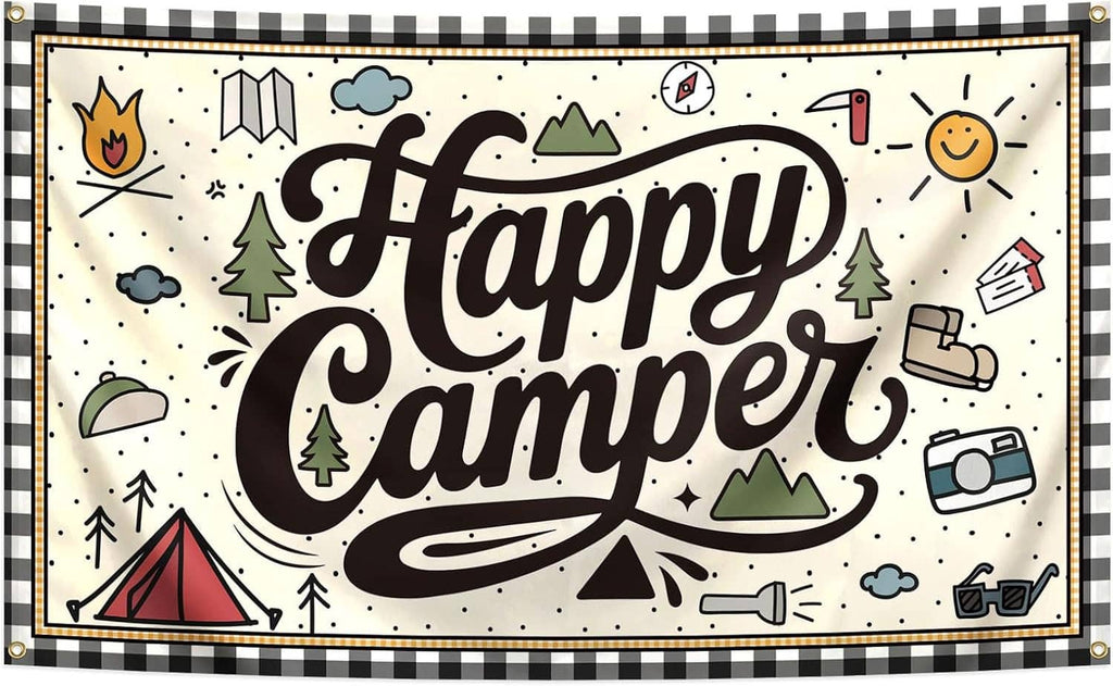 Rectangular camping banner with 'Happy camper' lettering and illustrated outdoor icons