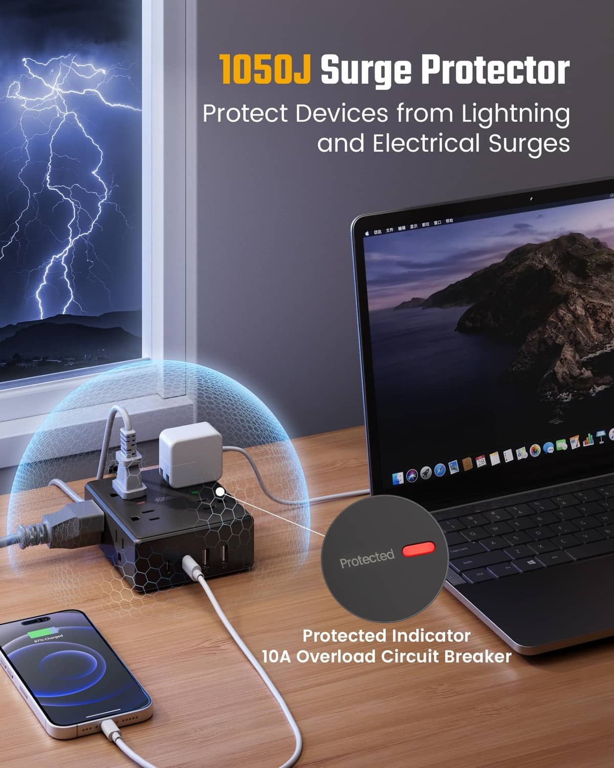 Black surge-protected power strip with protected indicator and overload breaker