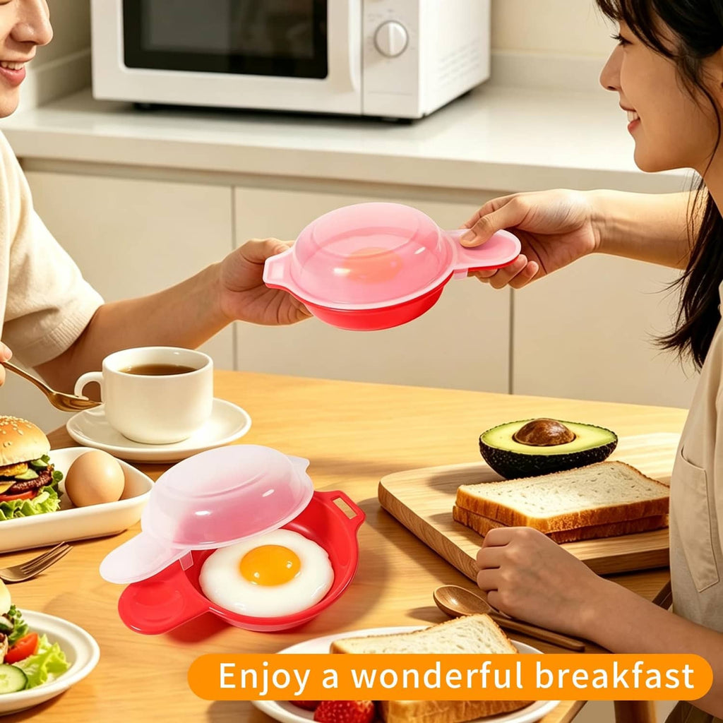 Pink dome-lid egg maker with red base being held at the kitchen table