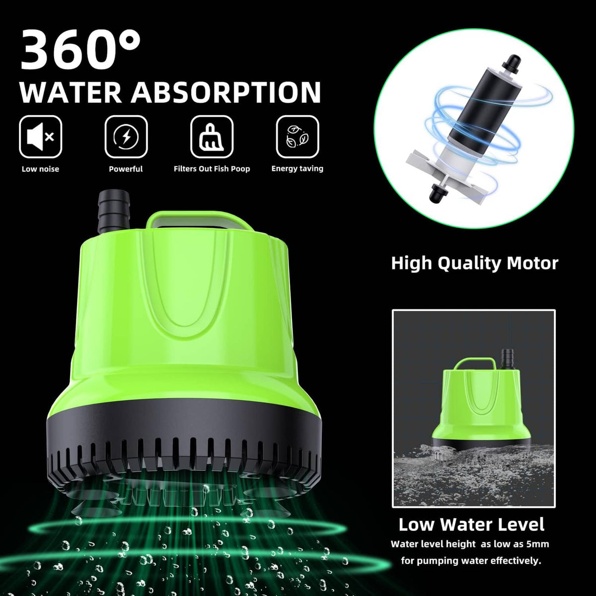 Bright green submersible water pump with motor housing and low-water intake