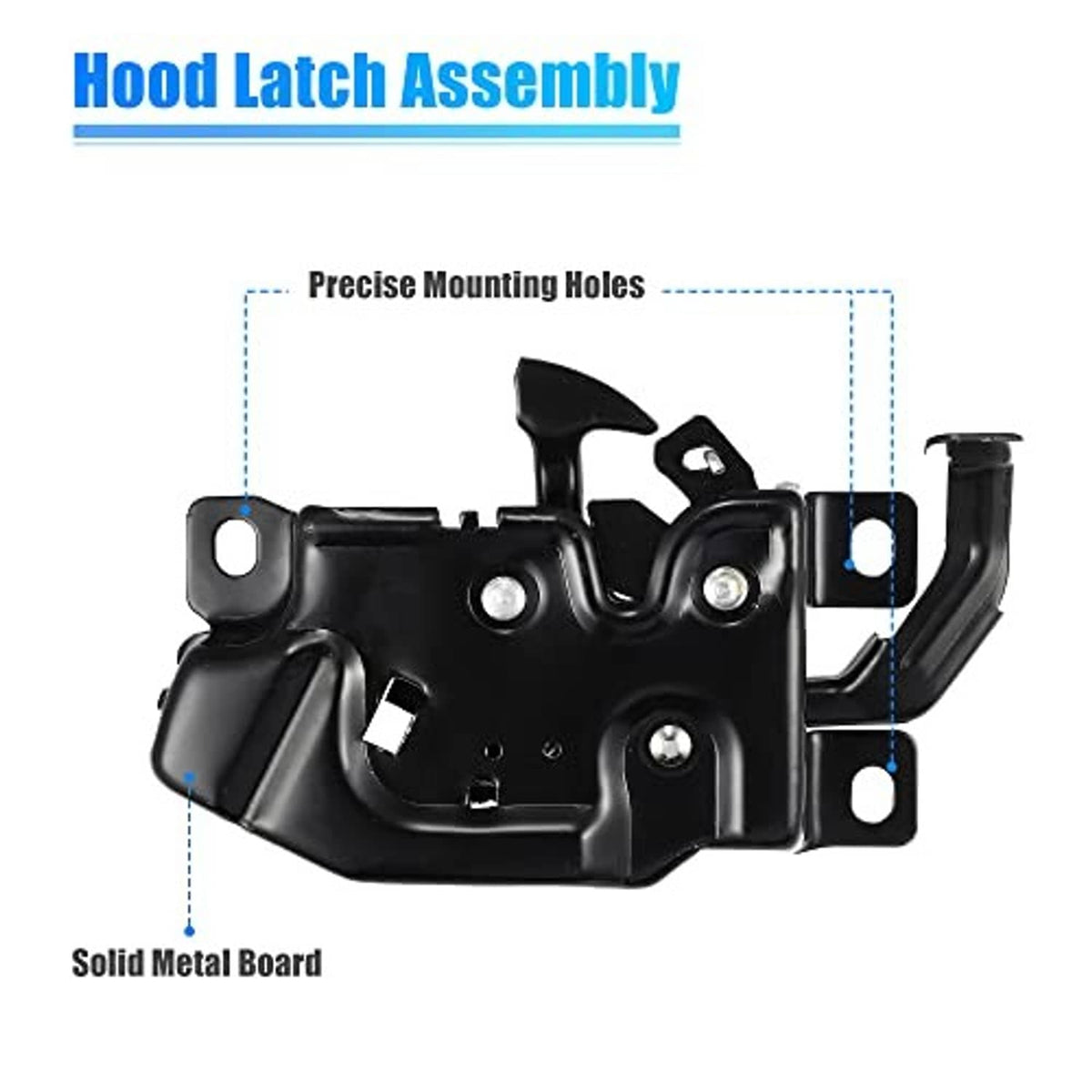 Black hood latch assembly with precise mounting holes and curved release lever