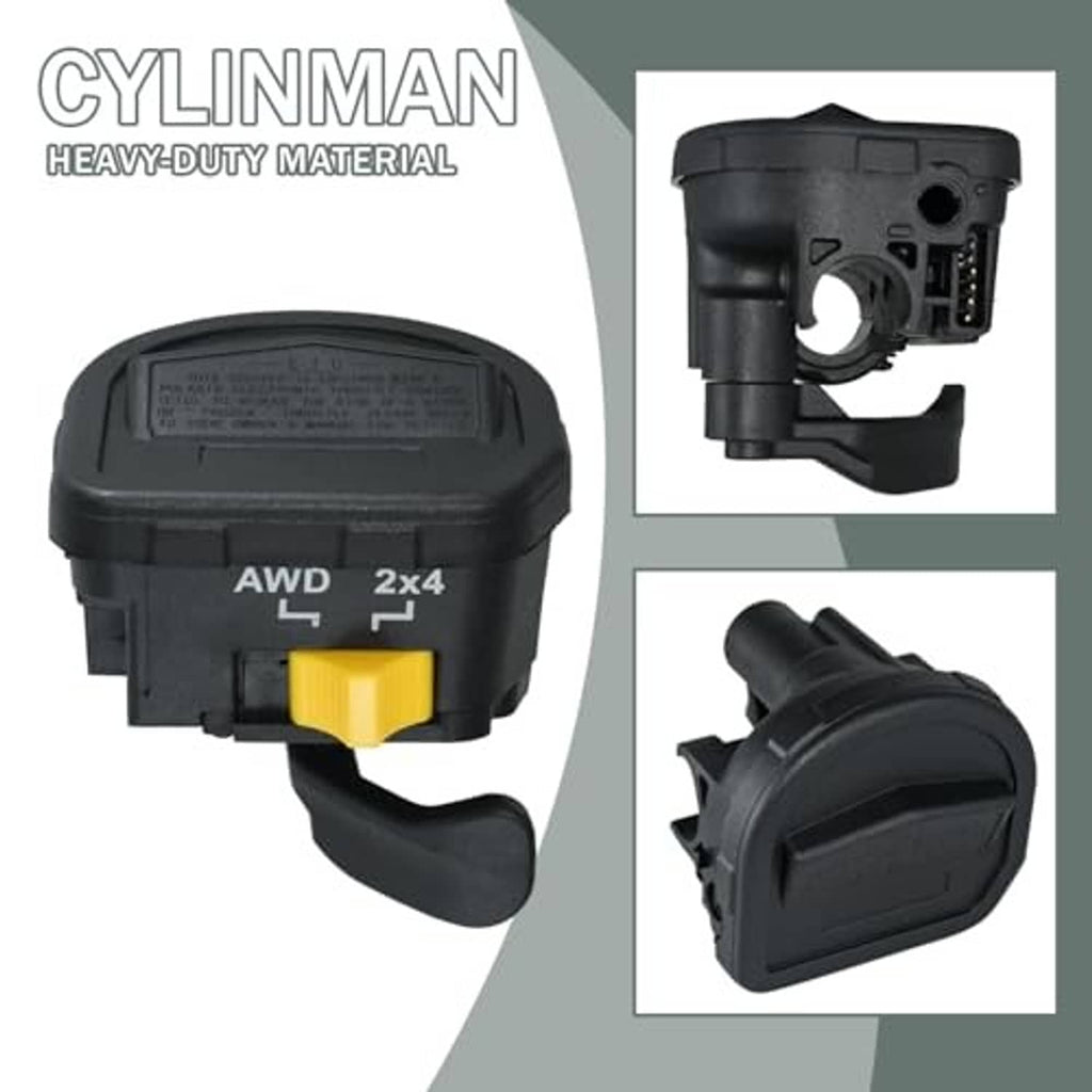Black thumb throttle lever switch with yellow selector button and visible mounting port