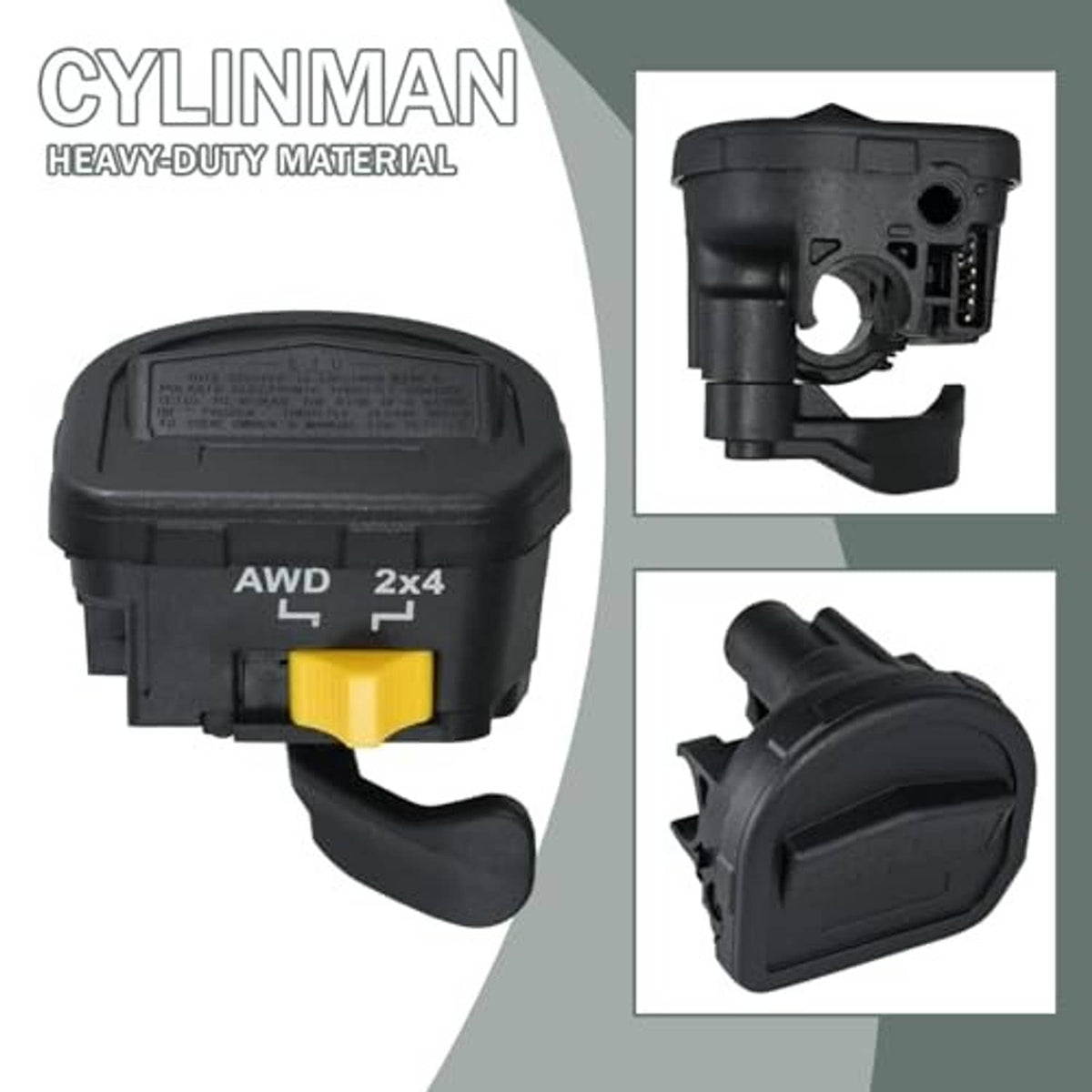 Black thumb throttle lever switch with yellow selector button and visible mounting port