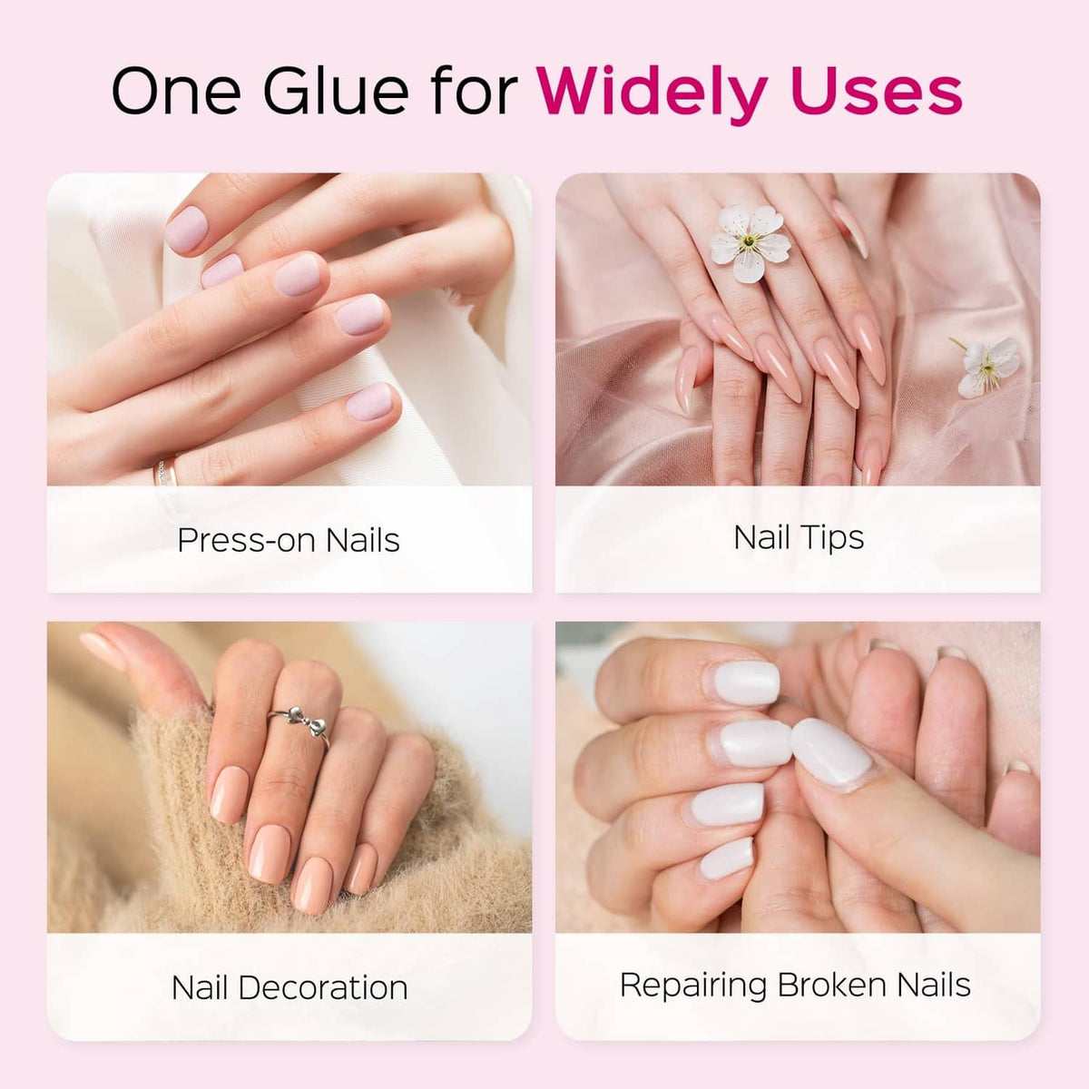 Hands with manicured nails showing press-on styling and flower nail decor