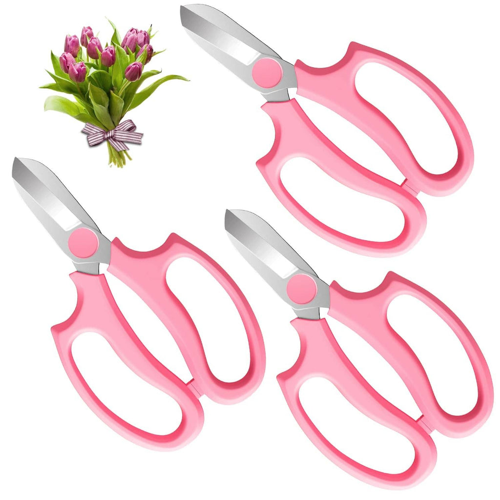 Pink pruning shears set of three with silver stainless steel blades