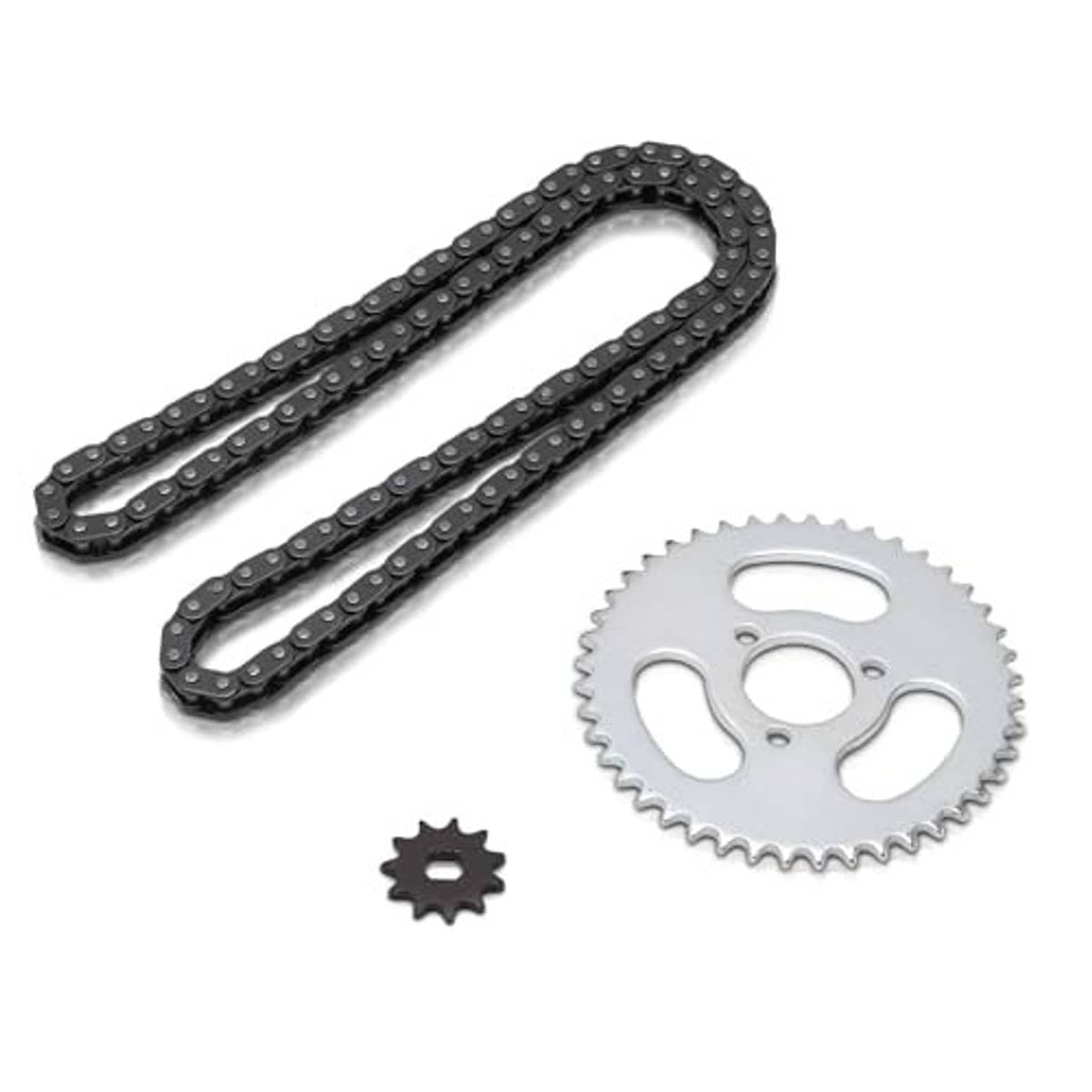 Black chain, silver sprocket gear, and small sprocket shown as a complete set