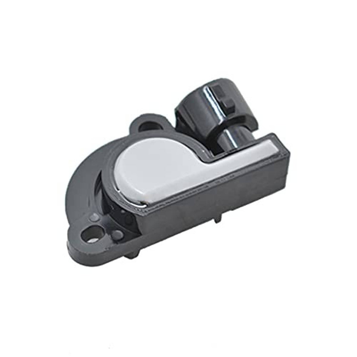 Throttle position sensor side view with gray metal cap and black mounting base