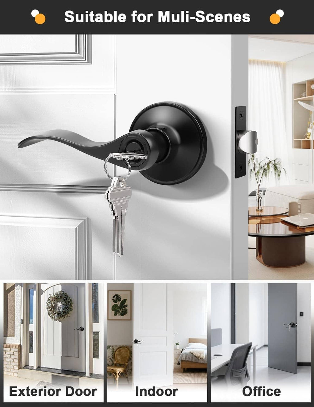 Matte black keyed door lever with key set on exterior-style door