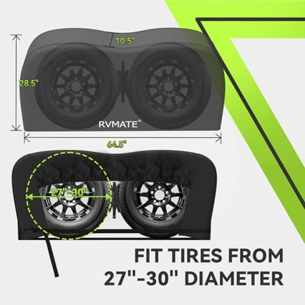 Black dual axle wheel cover with size fit diagram for 27" to 30" tires