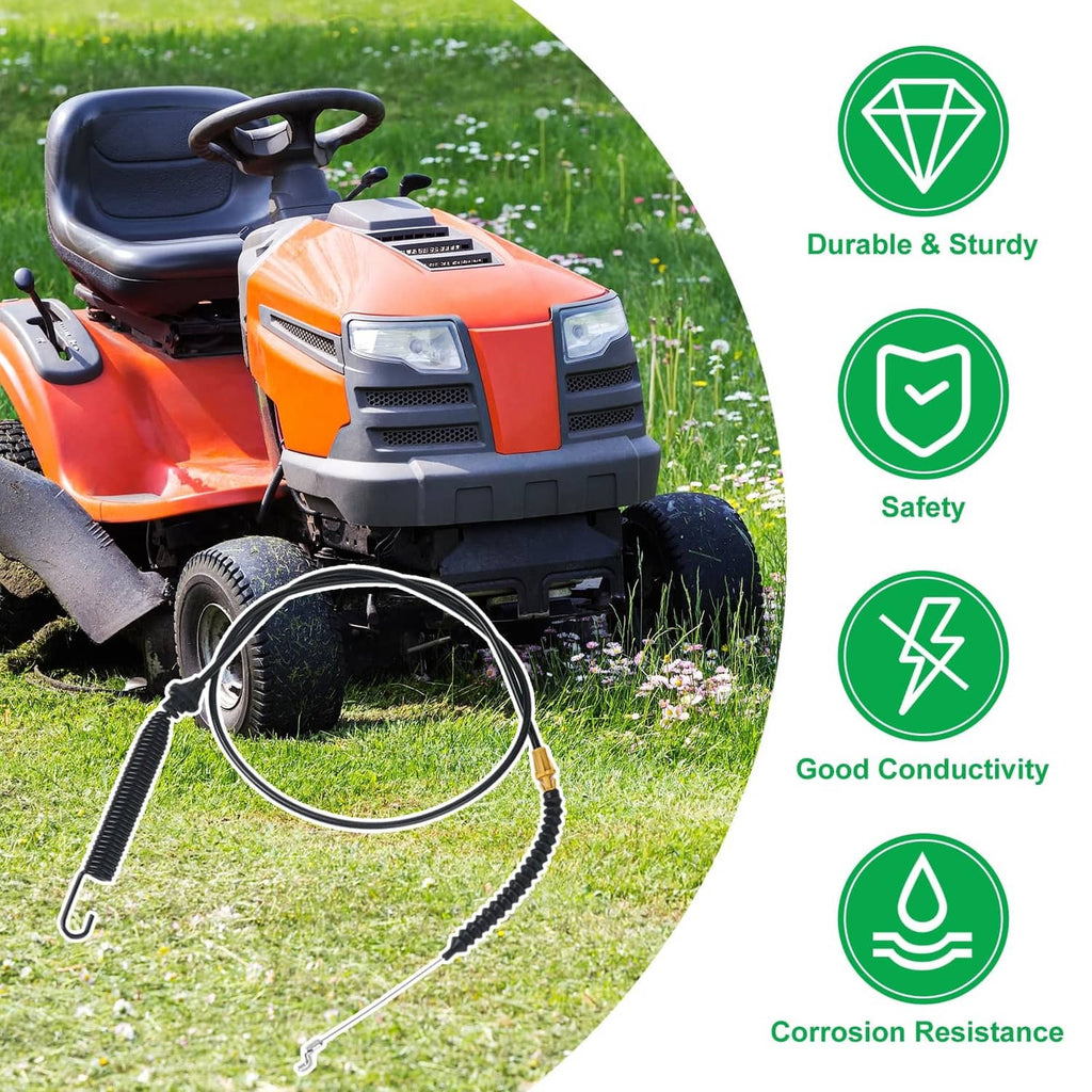 Lawn tractor with black deck cable, yellow connector, and spring pull handle