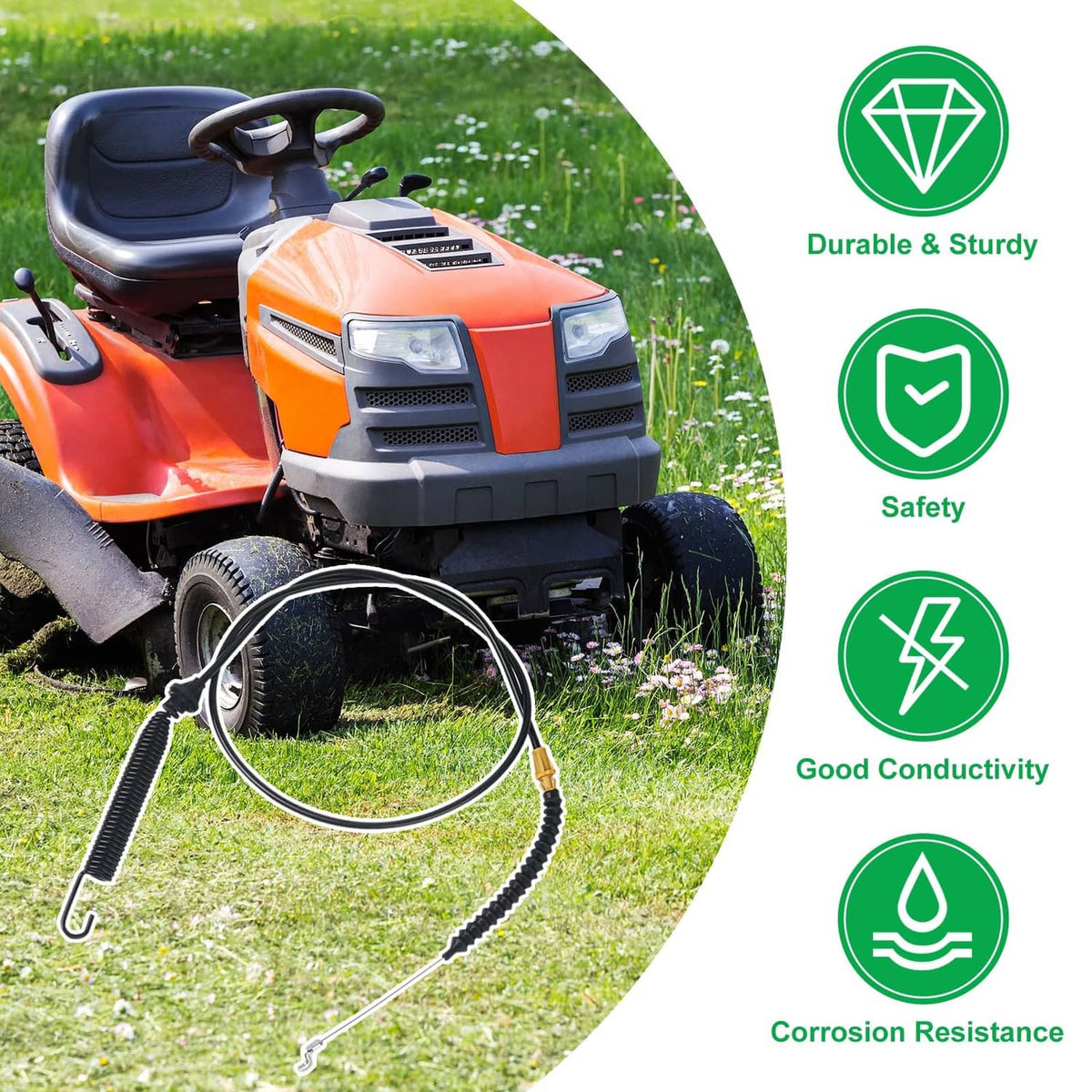 Lawn tractor with black deck cable, yellow connector, and spring pull handle