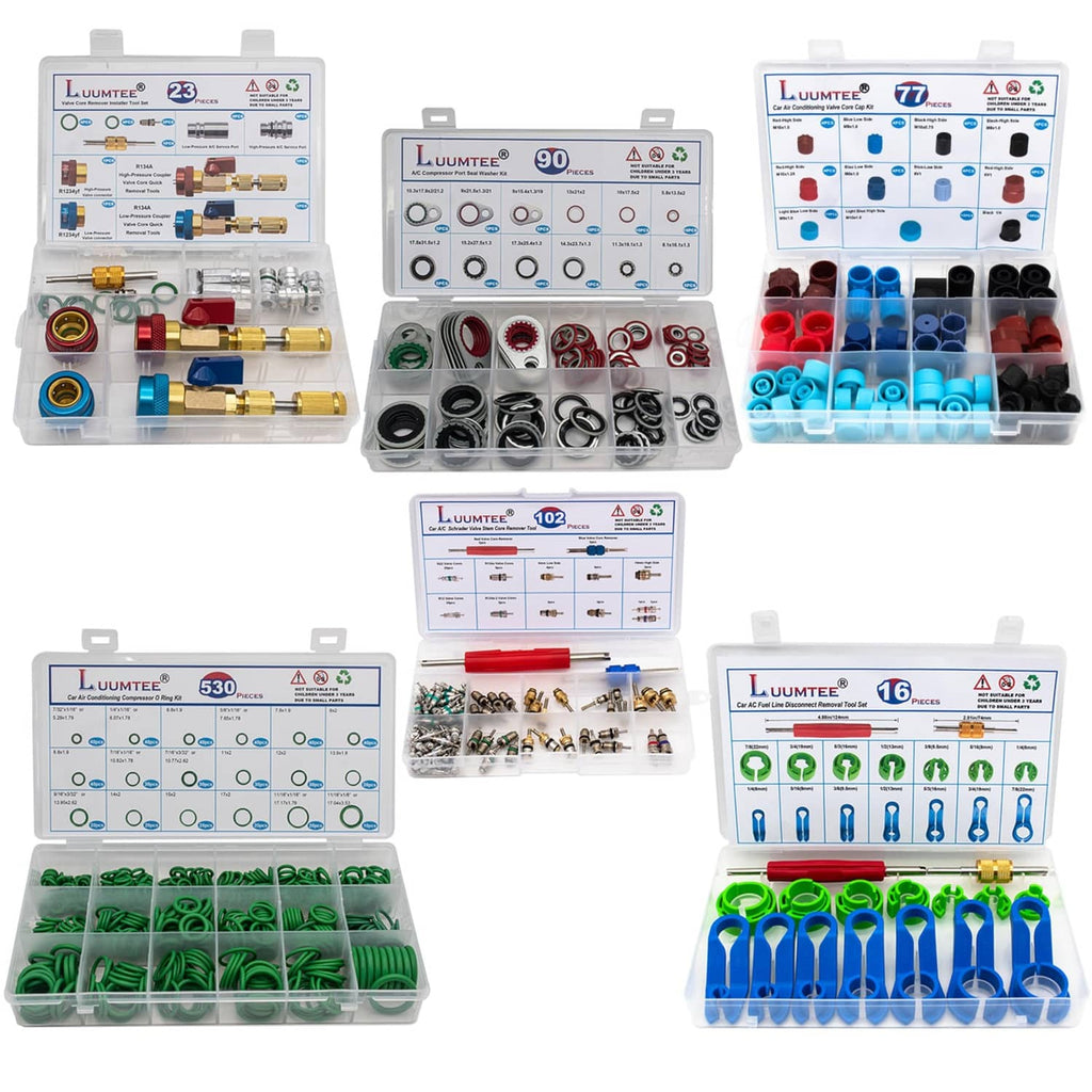 A/C repair kit tool set with mixed valve parts, caps, and fittings in plastic organizer case