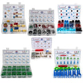 A/C repair kit tool set with mixed valve parts, caps, and fittings in plastic organizer case