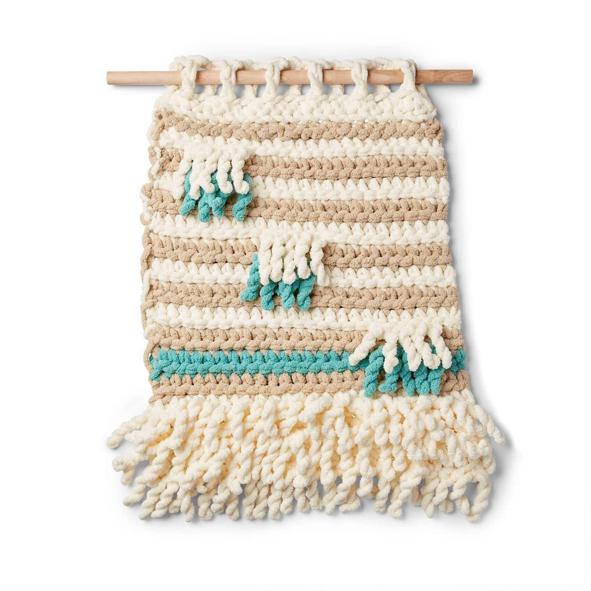 Chunky crochet wall hanging in cream with teal striped details