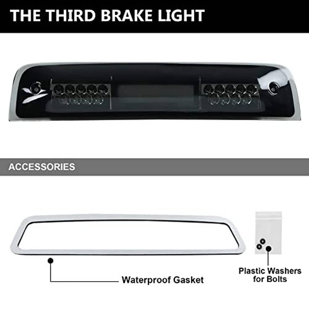 Third brake light with smoked lens, LED clusters visible in black-and-chrome housing