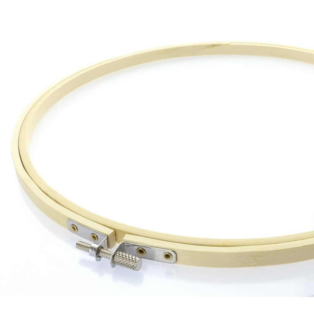 Side view of bamboo embroidery hoop frame with adjustable tension bracket and screw