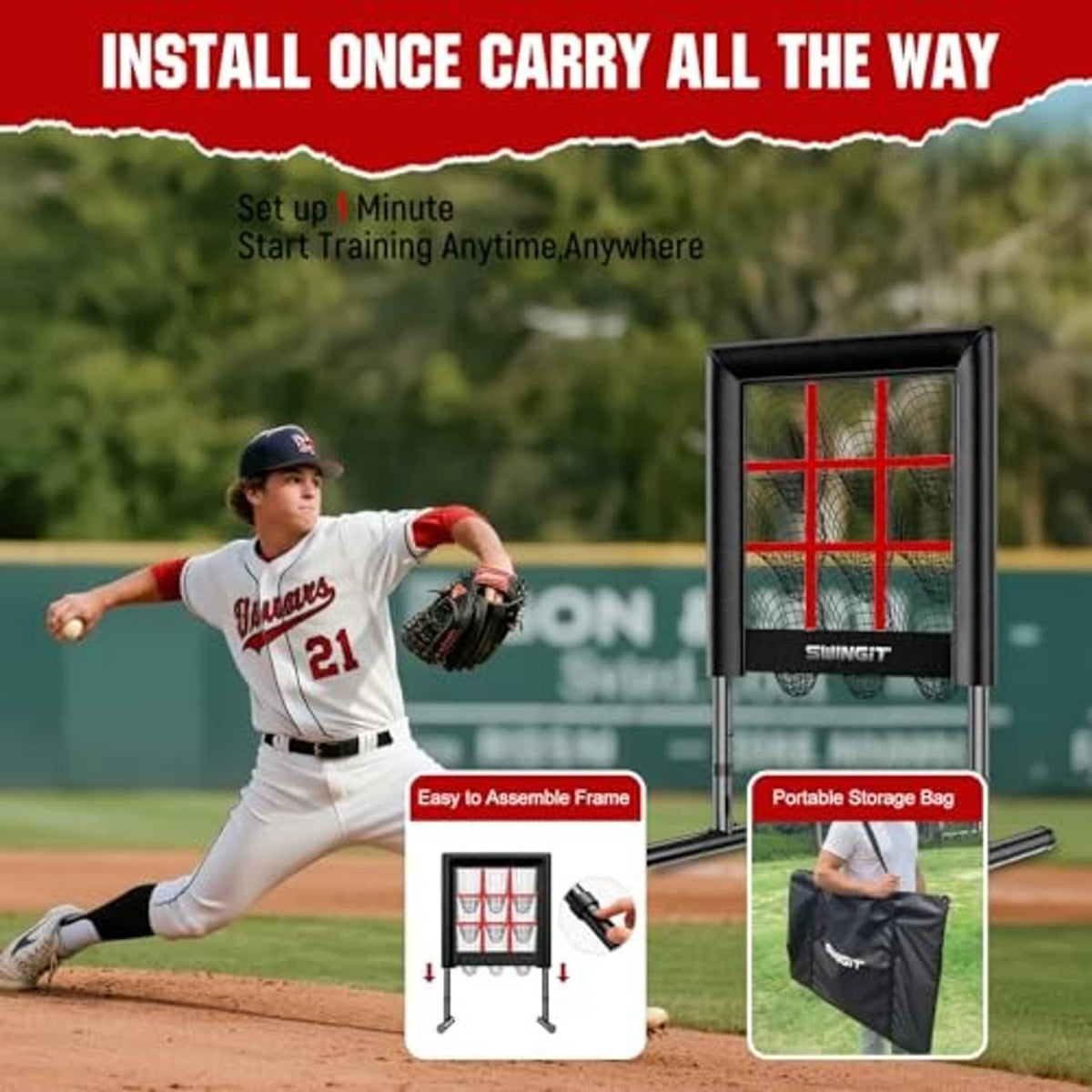 Portable black strike-zone pitching net with red grid and portable storage bag