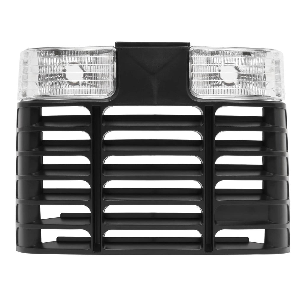 Black plastic grille with two clear rectangular headlight lenses and horizontal vent openings