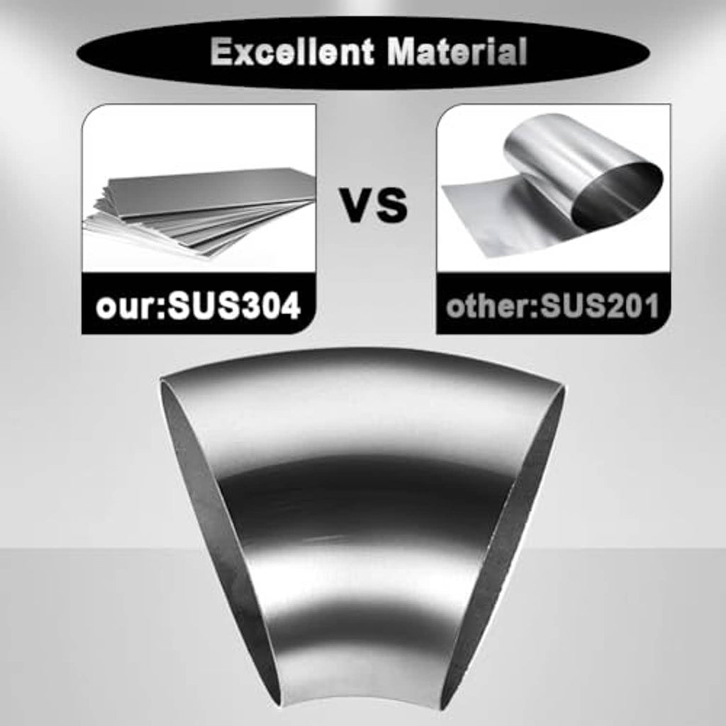 45-degree stainless steel exhaust elbow, angular corner view, brushed silver