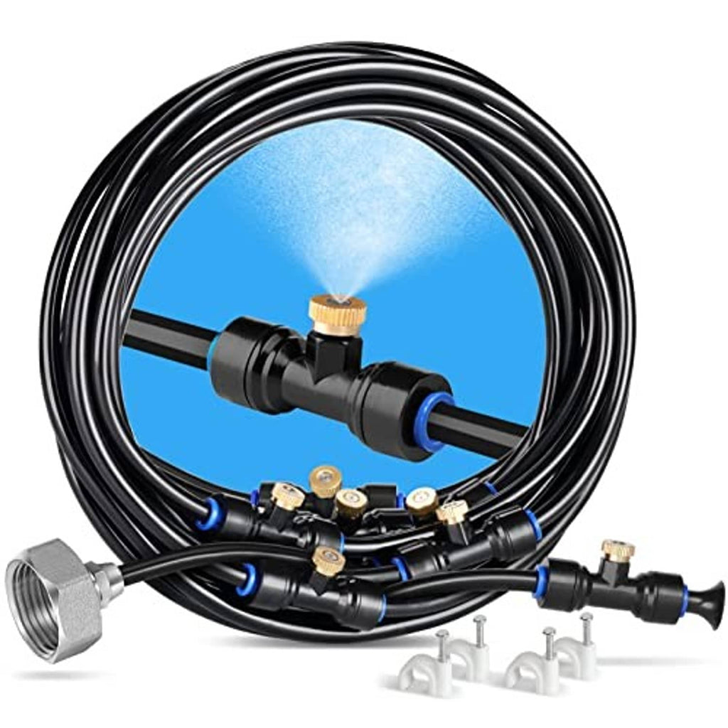 Coiled black misting hose with brass nozzles and connector manifold